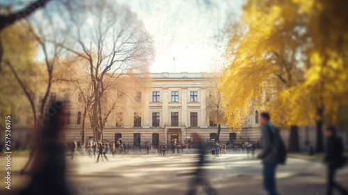 Students are passing by college building which stands amidst golden autumn foliage. Swift movement of the students creates a dynamic blur, conveying the energy of campus life during the fall season