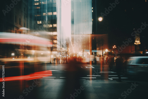 City centre view, blurred out of focus city life in dynamics, blurry silhouettes. Abstract beautiful backdrop for text or advertising. Unfocused buildings and people © Alex Shi