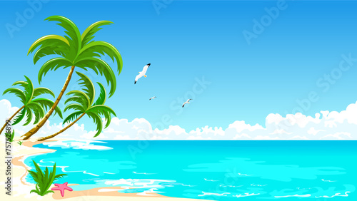 Tropical beach with palm trees on the shore. Sea tropical landscape. Sandy Beach with palm trees. Seacoast with palm trees, blue sky, and white clouds. Palm trees against the background of the sea sky