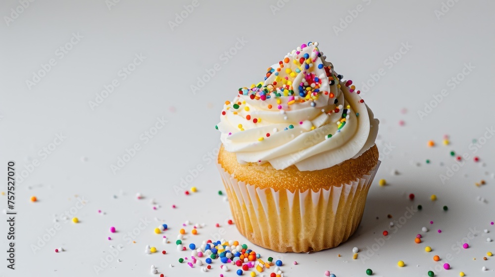 colorful topping cupcakes. cake with white frosting and sprinkles on a white table.