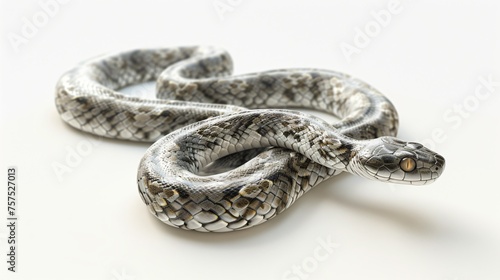 A realistic 3D rendering of a snake with intricate scales and a striking gaze. The snake is curled up on a white surface, ready to strike.
