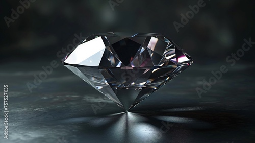 This is a 3D rendering of a diamond on a dark background. The diamond is cut in a brilliant style and has a round shape.