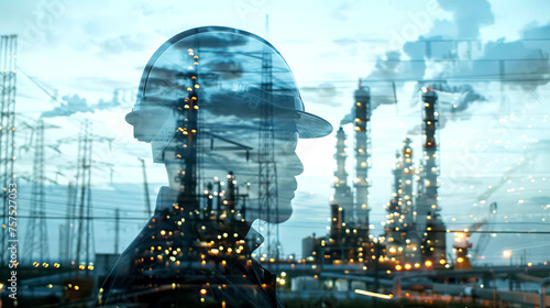 Double exposure of engineer with oil refinery at dusk. Generative AI image photo