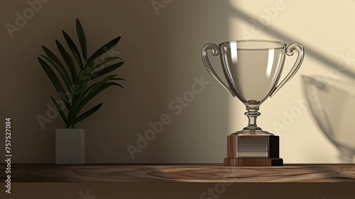Elegant glass trophy sitting on a wooden shelf next to a potted plant. The trophy is in focus, with a warm light shining on it.