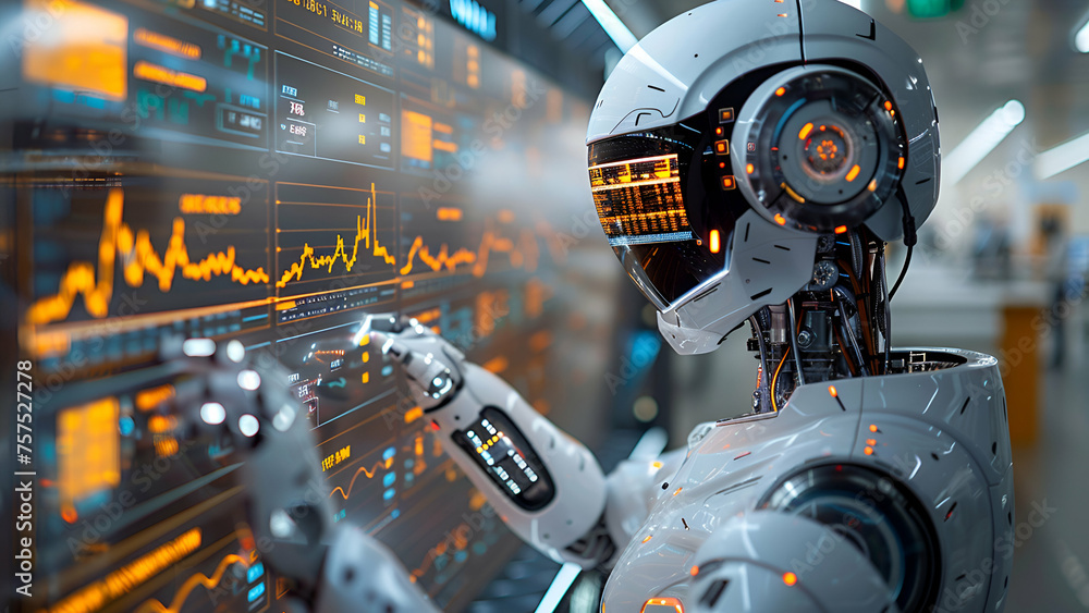 A robot using a computer, modern and futuristic, Science and Technology related, Artificial Intelligence A robot using a computer, modern and futuristic, Science and Technology related, Artificial Intelligence