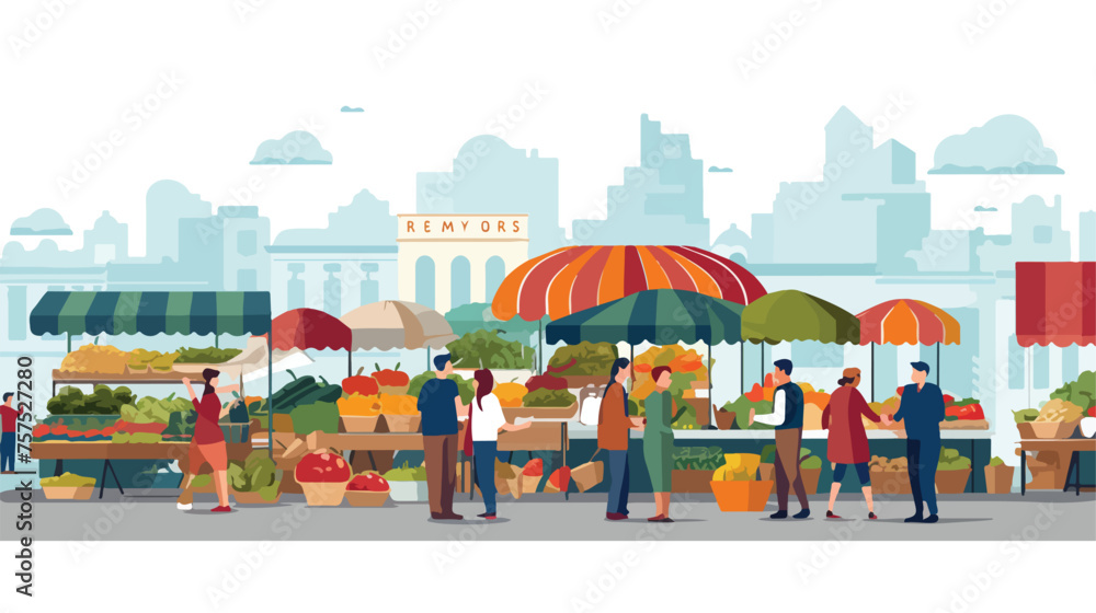 Flat vector scene A bustling food market with vendo