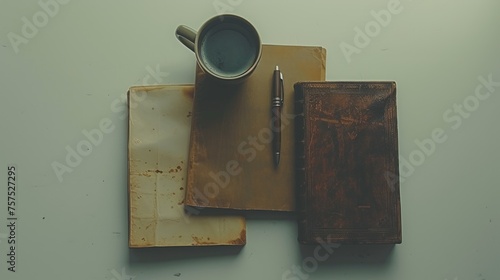 a cup of coffee sitting on top of an old book next to a pen and a cup of coffee on top of an old book. photo