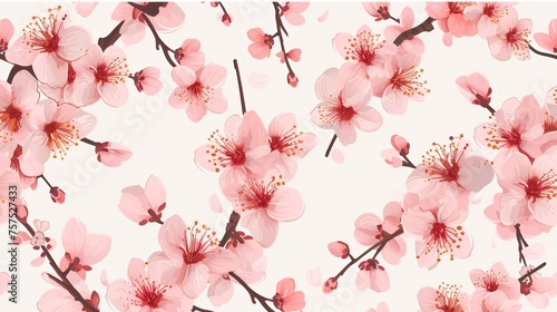 A beautiful floral pattern with delicate pink cherry blossoms on a light pink background.