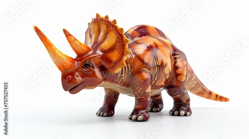 3D rendering of a cartoon triceratops dinosaur. The triceratops is standing on a white background and is facing the viewer. © stocker