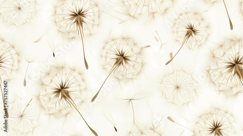 This is a photo of dandelion seeds floating in the wind. The dandelion seeds are brown and white  and they are floating against a white background.