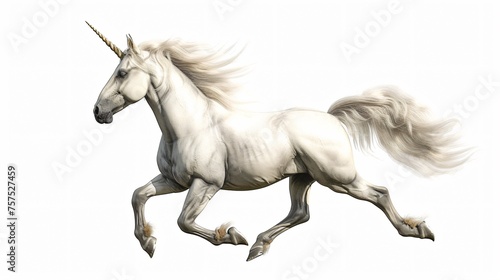 A beautiful white unicorn is running. It has a long, flowing mane and tail, and a single horn on its forehead.