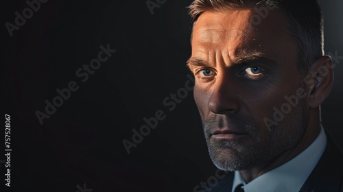 A man in a dark suit and tie looks out from the shadows with a serious expression on his face.