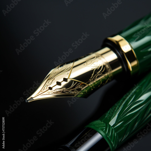 close up of shining golden nib of green fountain pen сreated with Generative Ai