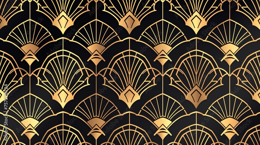 Art deco seamless pattern. Golden elements on a black background. Vector illustration.