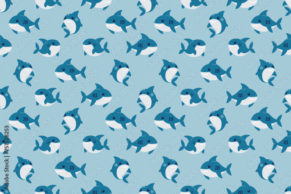 Seamless illustration with cute sharks on blue background. children's textiles. vector childrens cute background Seamless illustration with cute sharks on blue background. children's textiles. vector childrens cute background
