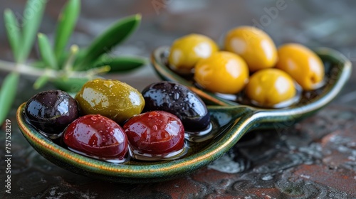 a bowl filled with assorted olives next to another bowl filled with green and yellow olives on a table. photo