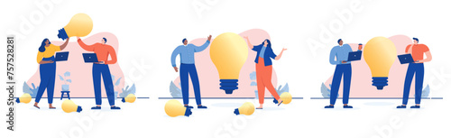 Idea workshop illustrations - Happy smiling people coming up with big ideas working with lightbulb and computers in office. Business creativity concept in flat design vector with white background