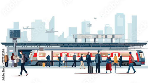 Flat vector scene A bustling train station with pas