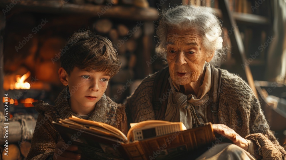A heartwarming scene of a grandmother and her grandson sitting by the fireplace, with the grandmother telling stories from her childhood, illustrated by old photos in a scrapbook