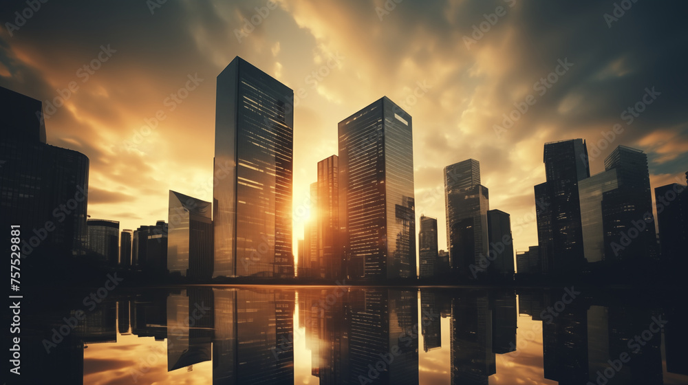 A group of towering buildings against a backdrop of the setting sun creates an abstract business and finance background.