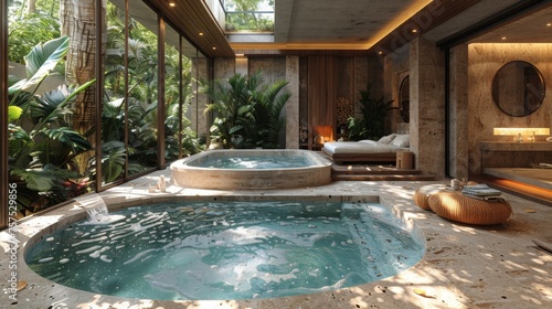 A home spa pool area  featuring a heated jacuzzi alongside the main pool  complete with a steam room and a relaxation area for the ultimate at-home wellness experience