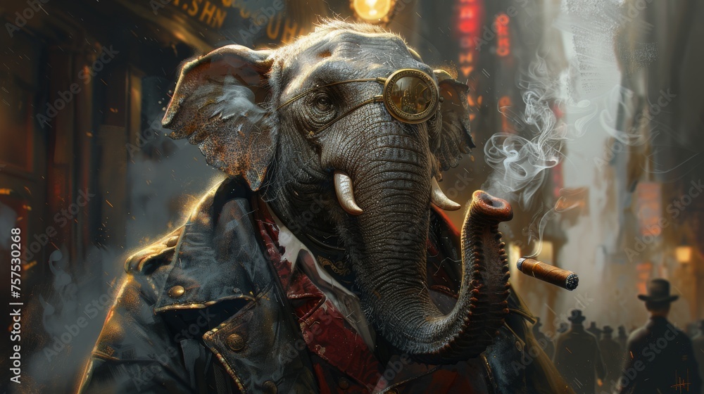 a painting of an elephant with steam coming out of it's trunk and a cigar in it's mouth. - obrazy, fototapety, plakaty 