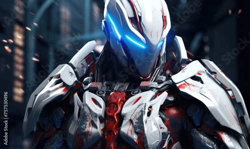 Person wearing white red blue and white armor, unreal character art, fantasy art, engraved assassin machine armor.