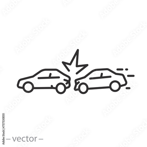 auto crash on road icon, broken cars, accident, thin line symbol on white background - editable stroke vector illustration