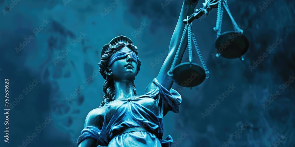 Stark Act: Lady Justice Statue in Close-up. Duotone Blue with White Text. Law and Lawyer Symbol for Justice and Fairness - obrazy, fototapety, plakaty 