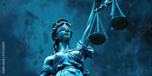 Stark Act: Lady Justice Statue in Close-up. Duotone Blue with White Text. Law and Lawyer Symbol for Justice and Fairness photo