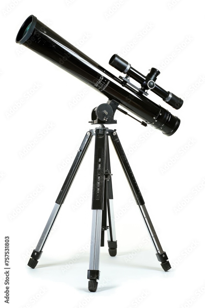 Telescope Lens for Optical Discovery. Isolated Black Telescope with Aluminum Tripod on White Background for Science Projects Telescope Lens for Optical Discovery. Isolated Black Telescope with Aluminum Tripod on White Background for Science Projects