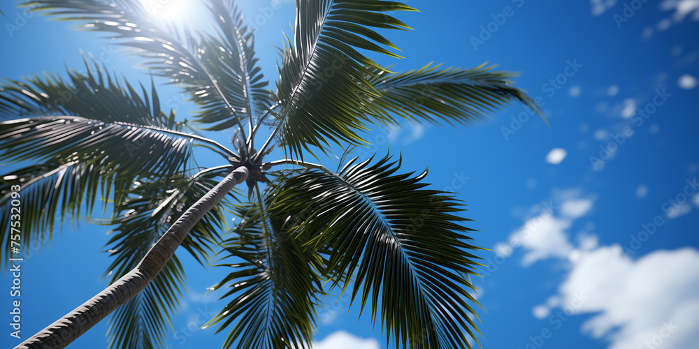 Palm tree against blue sky, bottom view Palm tree against blue sky, bottom view