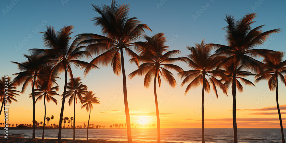 Palm trees against sunset background