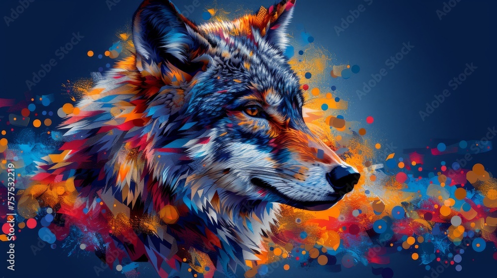 a painting of a wolf's head with colorful paint splatters on the side of the wolf's head. a painting of a wolf's head with colorful paint splatters on the side of the wolf's head.