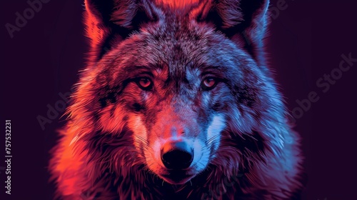 a close up of a wolf's face with red, blue, and yellow lights on it's face. © Nadia