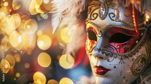 Close-up of a handmade Venetian mask decorated with feathers and jewels, against a blurred festive background.