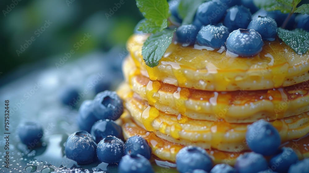 a stack of blueberries and corn on top of each other with green leaves and water droplets on top of them. - obrazy, fototapety, plakaty 