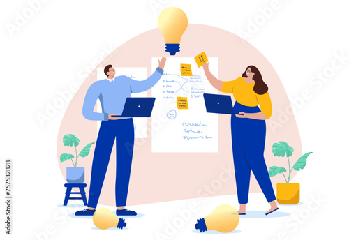 Brainstorming and idea workshop - Two people working on whiteboard with sticky notes coming up with great idea for business. Creative project concept in flat design cartoon style vector illustration