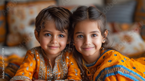 Portrait of Indian siblings in traditional cloth smiling together, marking joy of Siblings Day