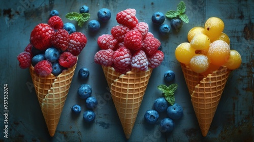 three cones of ice cream with berries, oranges, and raspberries on top of each of them.