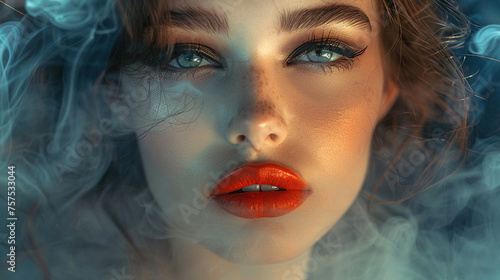 Beautiful fashion model woman with blue eyes. Fashion portrait isolated on smoke background 