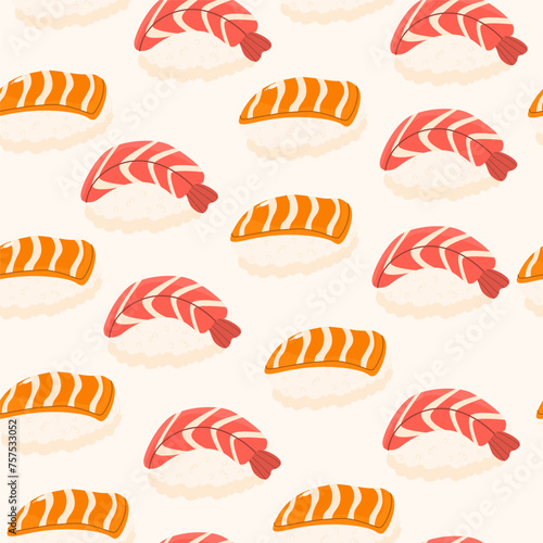 Vector seamless sushi pattern.rolls with fish,rice,cucumber.Sushi pattern, Asian food.Sea food illustration.