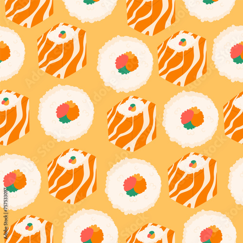 Vector seamless sushi pattern.rolls with fish,rice,cucumber.Sushi pattern, Asian food.Sea food illustration.