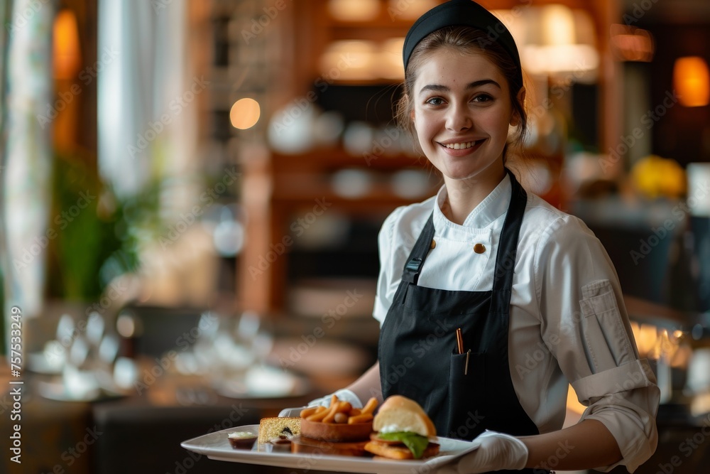 Waitress in uniform delivering tray with food in a room of hotel. Special service of VIP guests. Waitress in uniform delivering tray with food in a room of hotel. Special service of VIP guests.