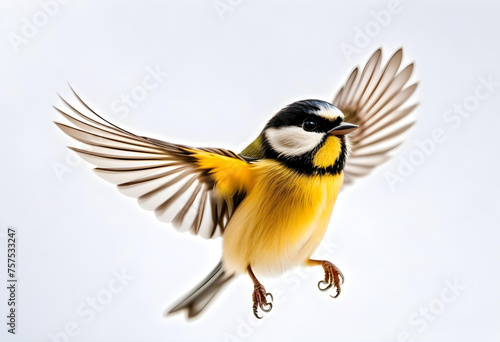 portrait of a little bird tit flying wide spread wings and flushing feathers on white isolated background