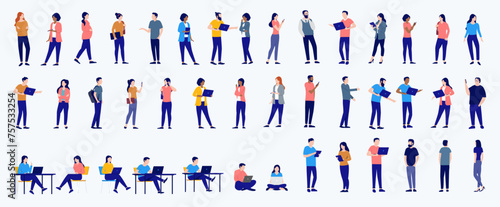 Vector office business people collection - Bundle of flat design illustrations with businesspeople characters in various poses working on computers, talking, standing and sitting © Knut