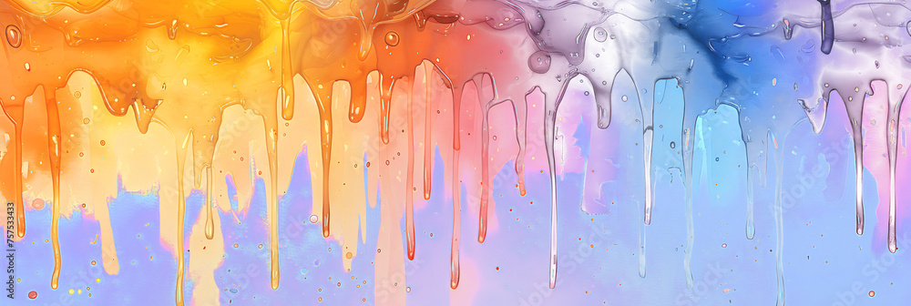 Rainbow colored dripping watercolor paint stain on white background.