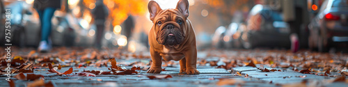 adorable cute funny english bulldog in the city, pet in New York, photo