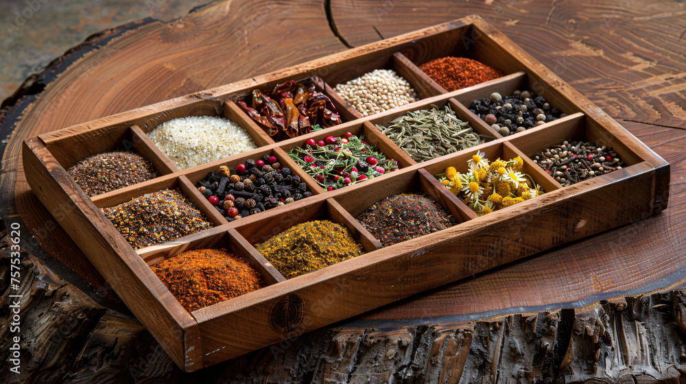 Assorted spices in wooden container