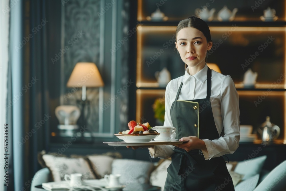 Waitress in uniform delivering tray with food in a room of hotel. Special service of VIP guests. Waitress in uniform delivering tray with food in a room of hotel. Special service of VIP guests.